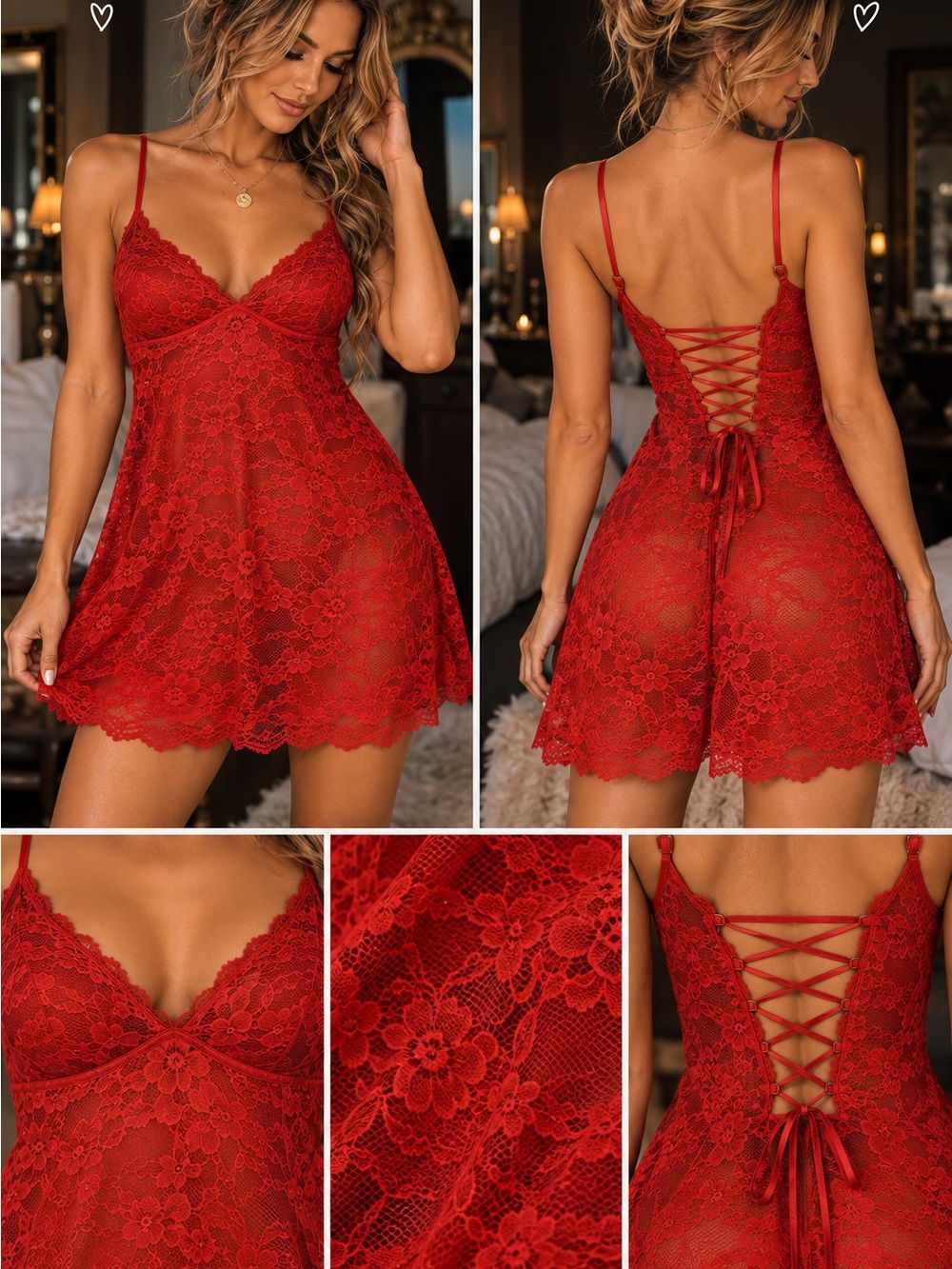 Red Lace Chemise Nightdress with Corset Back
